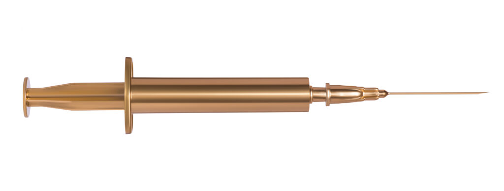 Golden syringe with needle facing to the right, neural therapy is like the golden ticket for pain.